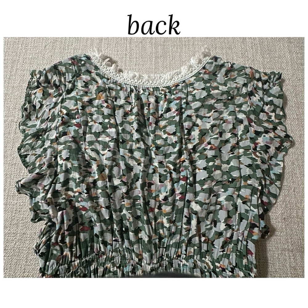 KORI Green Multi Color V-Neck Hi-Li Dress Lined Fringe Lace Flutter Boho Wmn S - Picture 8 of 14